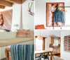 The image depicts a rustic bedroom with terracotta tiles a wooden bed with a striking headboard white and blue textiles and Southwestern-style decor elements