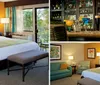 The image shows a neatly arranged hotel room with a king-size bed a sitting area and a balcony overlooking greenery