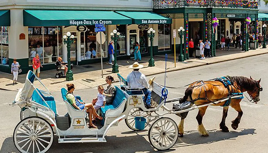 A horse-drawn carriage transports passengers along a bustling street lined with shops and pedestrians.