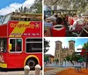 A red double-decker sightseeing bus is parked in front of the historic Alamo mission under a clear blue sky
