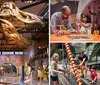 This image shows visitors at a museum observing the towering skeletal displays of a Tyrannosaurus rex and another dinosaur offering a glimpse into prehistoric life