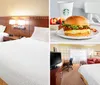 The image shows a neatly-arranged hotel room with two double beds a television and warm lighting