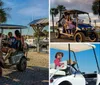 A family enjoys a scenic ride in a golf cart against a backdrop of palm trees and a sunset sky