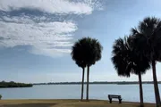 This image shows a serene waterfront view with two palm trees and a park bench under a partly cloudy sky.