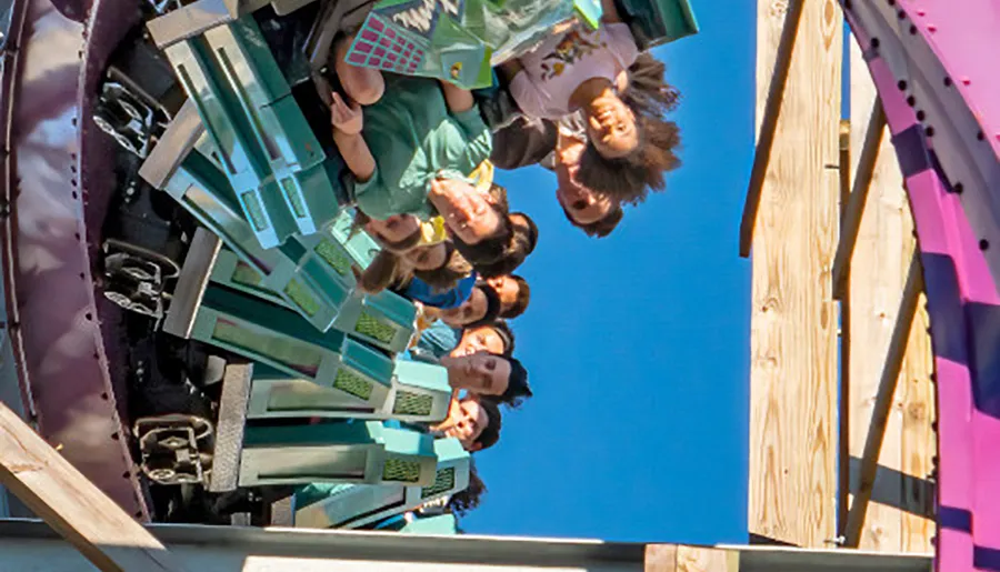 Thrilled riders are captured mid-air on a roller coaster with expressions of excitement and joy against a clear blue sky.