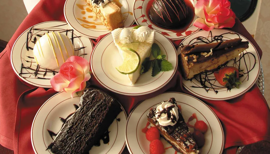 The image shows a selection of dessert plates, each containing a delicately plated and garnished piece of cake, beautifully arranged and ready for serving.