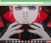 The image depicts a stylized animated character with purple eyes and red markings on the face set against a dark backdrop with red accents as a Google Chrome browsers new tab page background