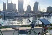 A bicycle is parked overlooking a marina filled with boats, against a backdrop of city buildings bathed in the soft light of early evening.