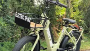 The image shows a modern electric bike with fat tires, parked in a lush green area.