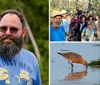 A smiling man with a beard is wearing sunglasses and a blue T-shirt while a dove perches on his shoulder