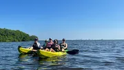 Five individuals are enjoying a sunny day out on the water in a tandem kayak with a coastline visible in the distance.