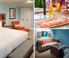 The image shows a neatly arranged hotel room with a king-size bed a wooden headboard inscribed with LICENSE TO CHILL a vibrant orange armchair and an open view into a clean bathroom area