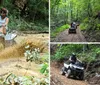 A person is riding an ATV through a muddy trail splashing water and mud as they go