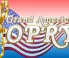 The image shows a stylized golden treble clef against a backdrop of the American flag with the words Grand American Opry and a red circular badge with the word NEW