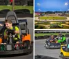 Two children are enjoying themselves while driving go-karts on a track lined with tires