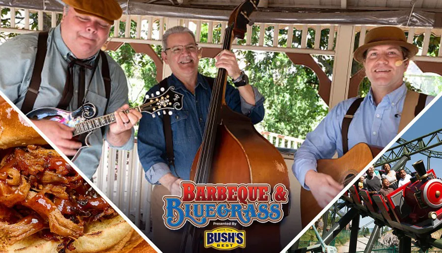The image is a composite promoting a Barbeque & Bluegrass festival, featuring musicians playing traditional instruments, a serving of barbeque, and people enjoying a roller coaster ride.