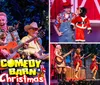 A festive Christmas performance is taking place on stage featuring lively musicians a decorated tree and a performer dressed in holiday-themed attire