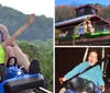An adult and a child are raising their arms in excitement while riding a blue alpine coaster amidst a lush green landscape