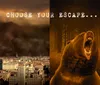 The image is a split scene with a city under a stormy sky on the left and a roaring bear in a forest on the right overlayed with the text CHOOSE YOUR ESCAPE