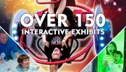 This image is a colorful promotional advertisement featuring excited people engaging with various interactive exhibits, with the phrase 
