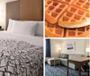 The image shows a neatly made bed with white bedding and a geometric pattern at the foot in a clean and modern hotel room with pictures on the wall and a side table with a lamp