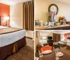The image shows a neatly arranged double hotel room with two beds a diningwork table set for two and a cozy seating area exuding a warm and inviting ambiance