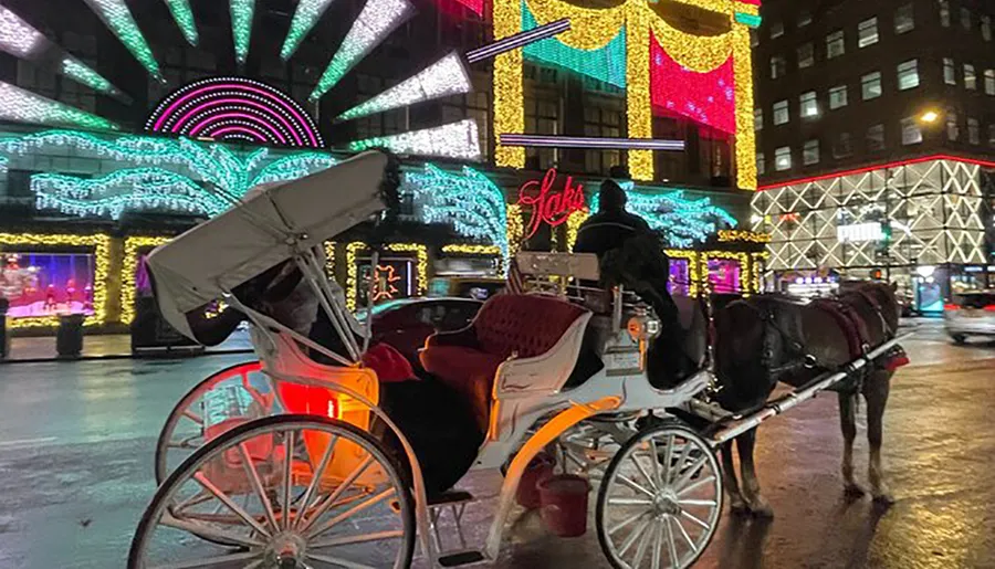 A horse-drawn carriage is parked on a city street at night amid festive holiday lighting displays.