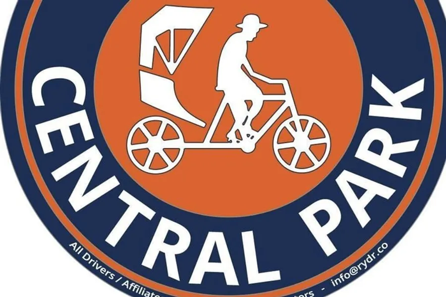 The image is a logo or emblem that features a silhouette of a person on a pedicab with the words CENTRAL PARK prominently displayed around the circumference.