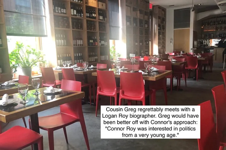 The image shows an empty restaurant with red chairs and set tables, overlaid with text referencing a fictional meeting between a character named Cousin Greg and a biographer of another character, Logan Roy.