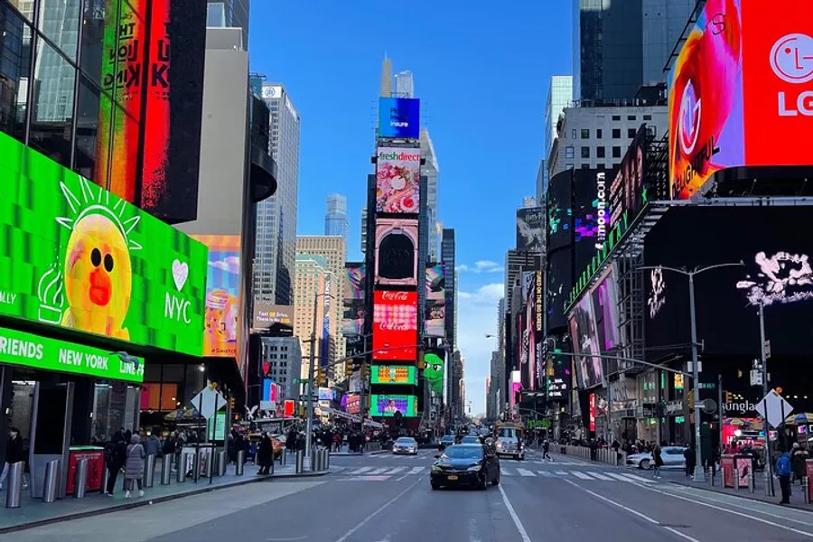 The image captures a vibrant street view of Times Square in New York City with large electronic billboards and urban activity.