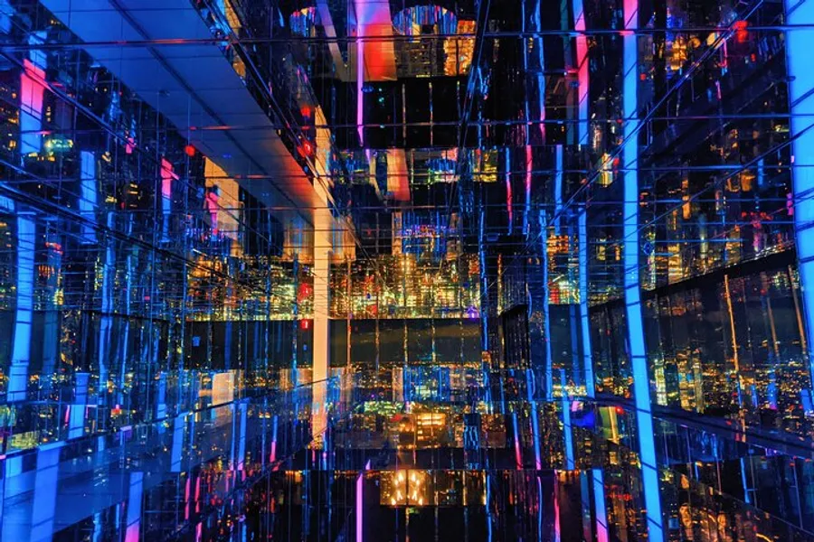 The image shows a vibrant and colorful interior covered in mirrors, creating a kaleidoscopic effect with reflections of city lights.