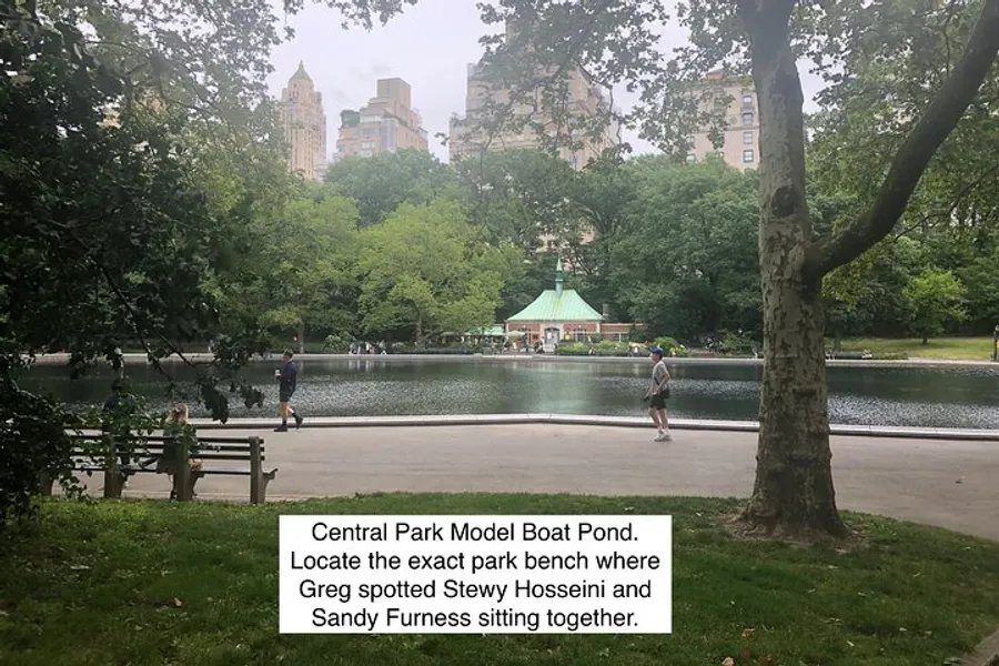 This image shows the Central Park Model Boat Pond in New York with people enjoying the outdoors, featuring a pond, greenery, and city buildings in the background.