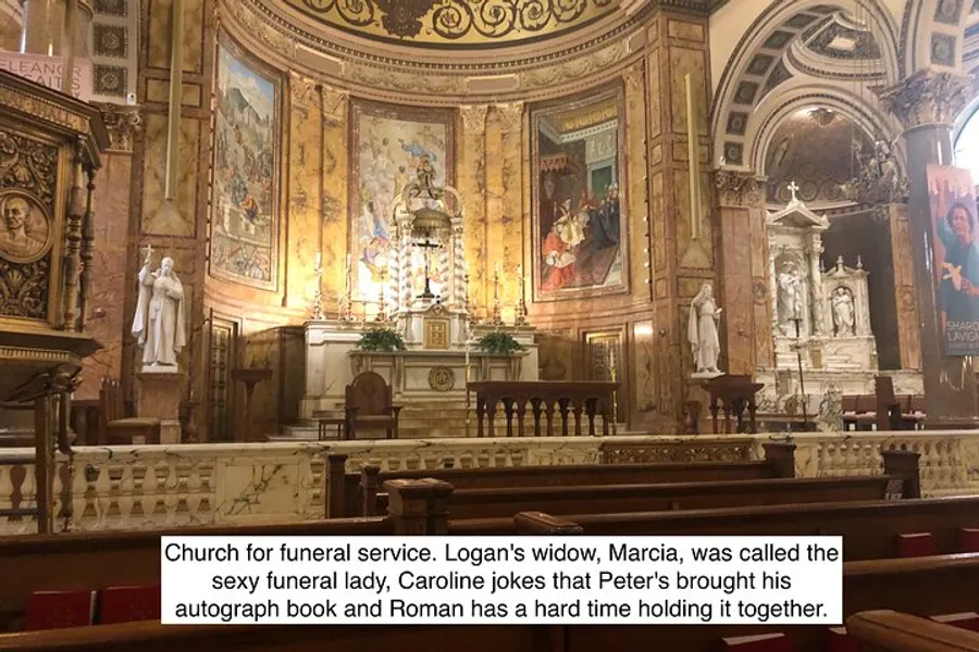 The image shows the interior of a richly decorated church with captions referring to a fictional funeral service and characters' reactions from a story or show.