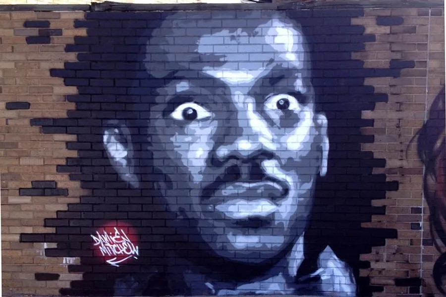The image displays a grayscale mural on a brick wall featuring a surprised or startled looking face with elements of the wall seemingly pixelating or breaking apart on one side.