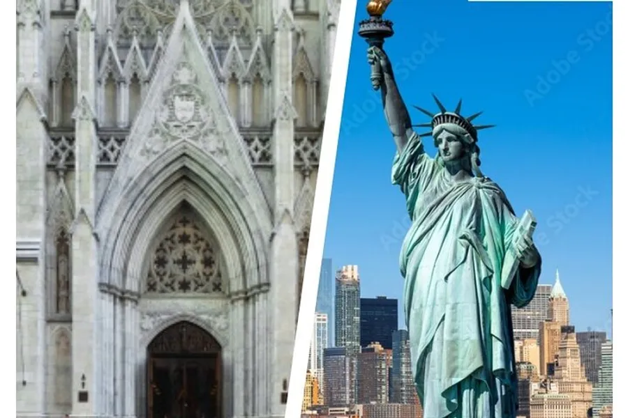The image is a split-screen with the left side showing a detailed view of a gothic cathedral's entrance and the right side featuring the Statue of Liberty in front of the New York City skyline.