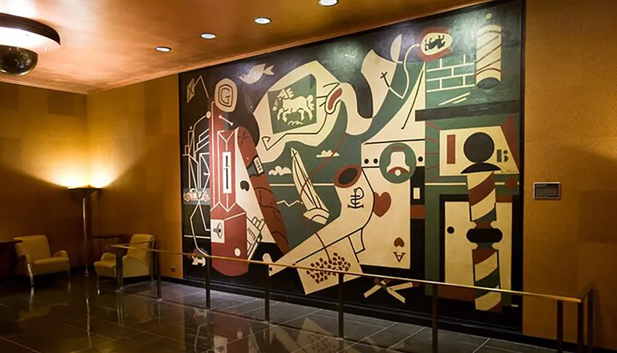 The image features a large, colorful abstract mural displayed on a wall inside a warmly lit room with modern seating and a barrier in front.