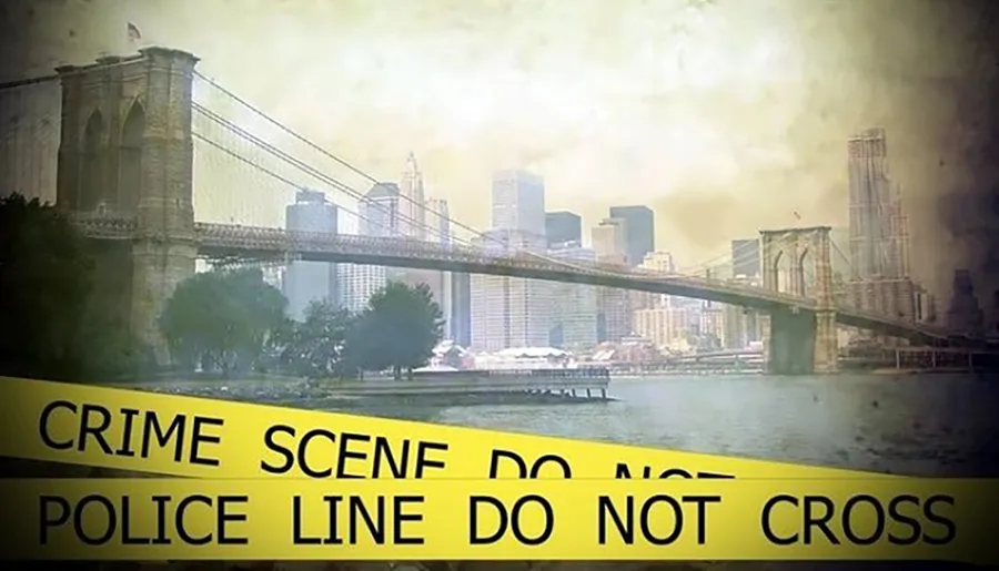 The image depicts a crime scene tape with the text CRIME SCENE DO NOT CROSS superimposed on a hazy background featuring the Brooklyn Bridge and the New York City skyline.