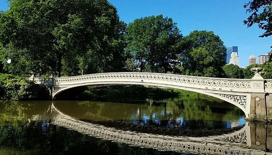This image shows an ornate, white stone bridge arching gracefully over a calm body of water, reflecting in it with a backdrop of lush trees and the contrasting skyline of a city in the distance.