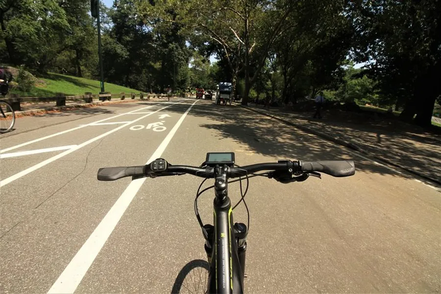 A person is cycling on a paved road through a park, with the cyclist's perspective shown from behind the handlebars.