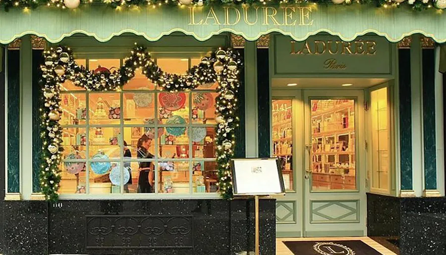 The image shows the elegant, festively decorated exterior of a Ladurée patisserie, renowned for its macarons, with a glimpse of the interior and an employee visible through the window.