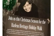 The image features a promotional poster for the Harlem Heritage Holiday Walk, inviting people to join a Christmas season event that explores the heritage of Harlem.