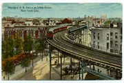 This is a vintage postcard image of an elevated railroad curving at 110th Street in New York City.
