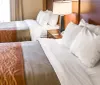 The image shows a neatly arranged hotel room with two twin beds each with white linens and a brown decorative overlay at the foot accompanied by a nightstand and lamp in between
