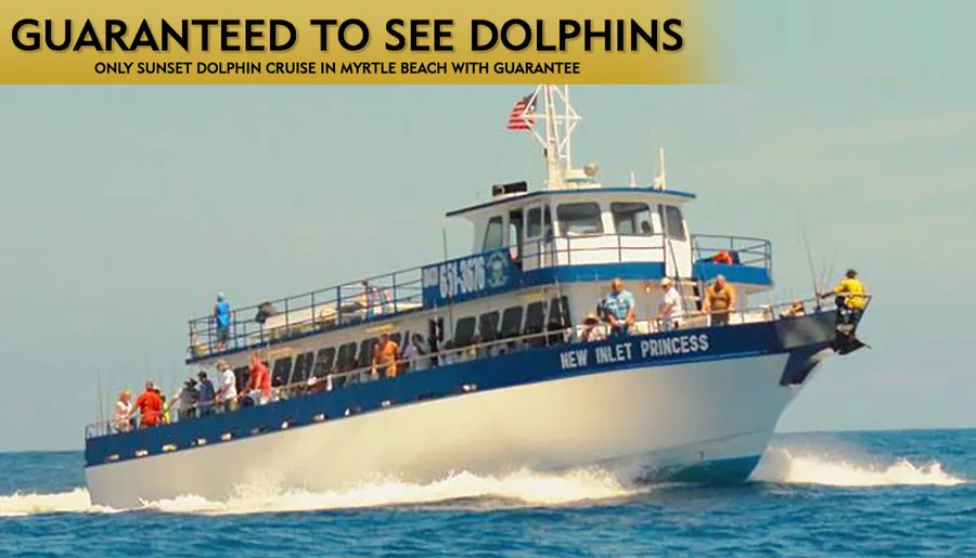 A boat named NEW INLET PRINCESS is advertised with a promise of guaranteed dolphin sightings for passengers on board.