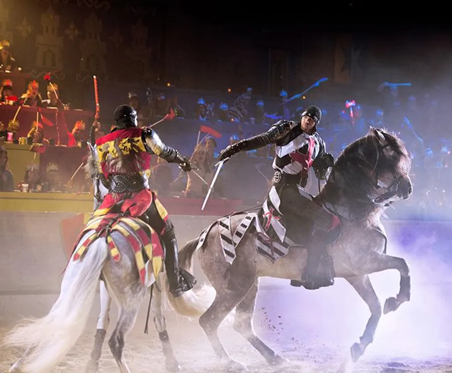 Two knights on horseback are engaged in a jousting match in an arena with spectators in the background.