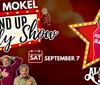 The image is a promotional graphic for a stand-up comedy show featuring multiple poses of the same performer set against a star-shaped marquee with lit bulbs announcing Ricky Mokel Stand Up Comedy Show