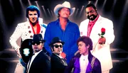 This image features a collage of various impersonators representing iconic musicians, all set against a cosmic-themed backdrop with spotlights.