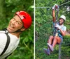 A person wearing a red helmet and a harness is enthusiastically zip-lining amidst green foliage