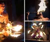 A group of performers engages in a traditional fire dance with a central figure manipulating flames while others dance around him against a dramatically lit backdrop