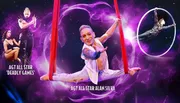 The image showcases three performers engaged in aerial and dangerous acts, with vibrant purple hues and dynamic poses, promoting their appearances on a talent show as 